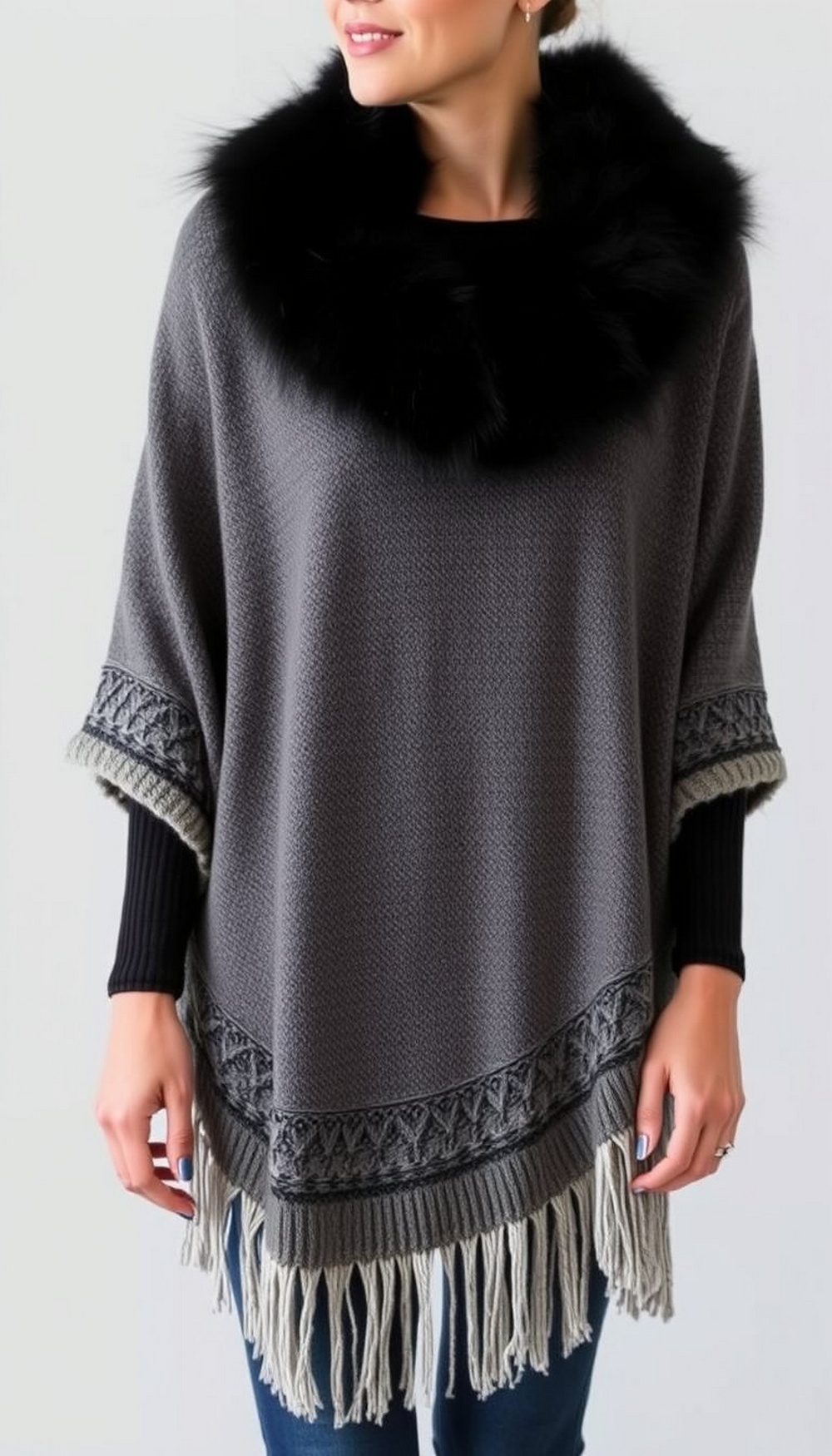Faux Fur Trim Poncho