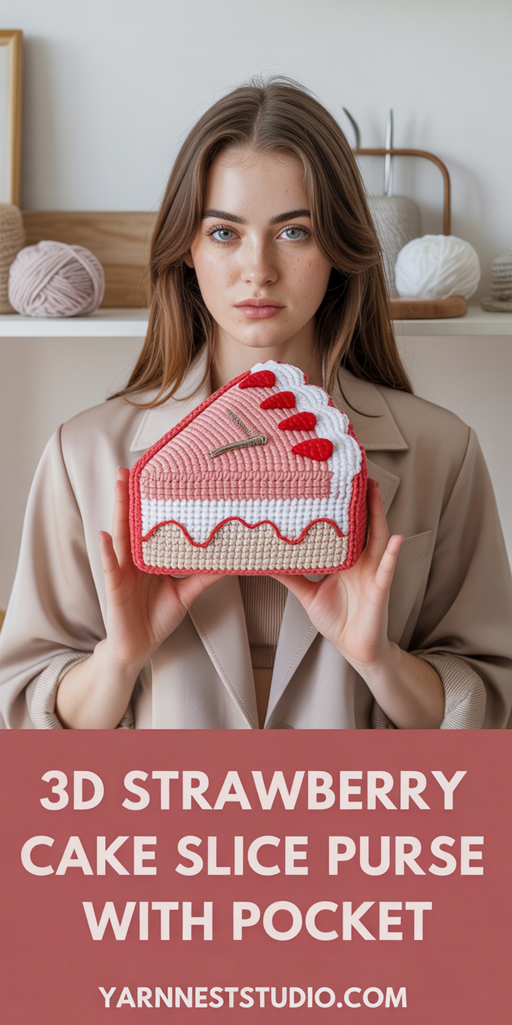 D Crochet Strawberry Cake Slice with Zipper Pocket
