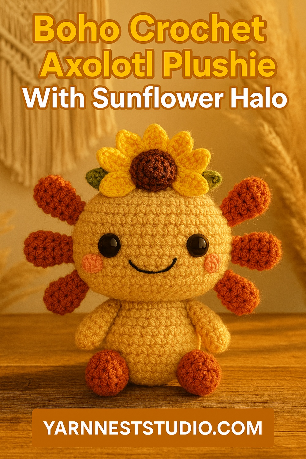 Boho Chic Axolotl Amigurumi Wearing Sunflower Halo
