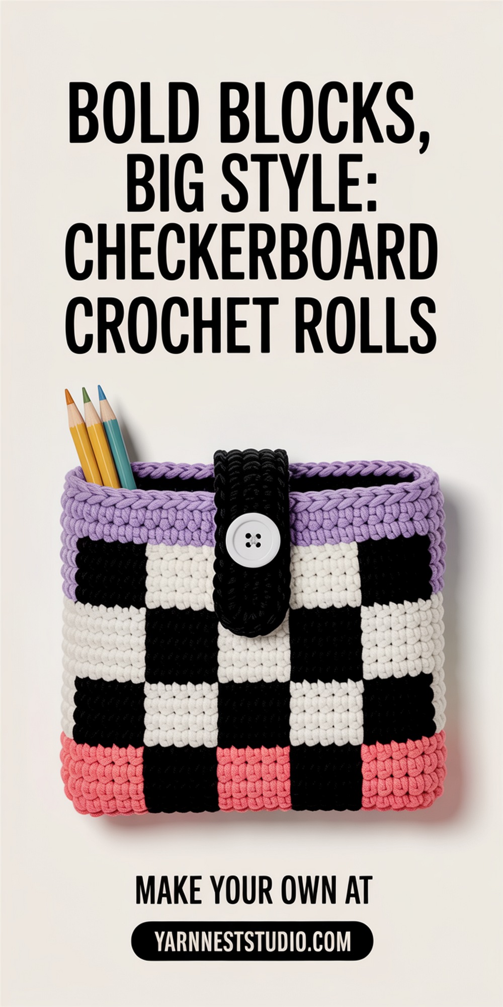 Checkerboard Crochet Pencil Roll with Button Closure