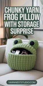 Chunky Yarn Frog Pillow with Storage Surprise