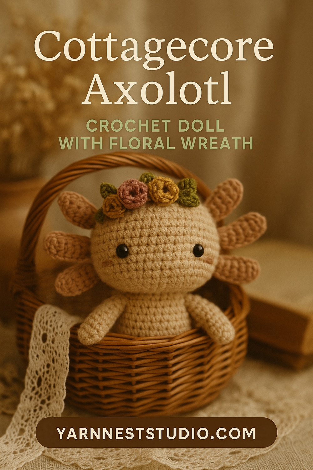 Cottagecore Axolotl Plushie with Dainty Floral Wreath