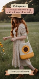 Cottagecore Crochet Sunflower Bag with Soft Rope Drawstring
