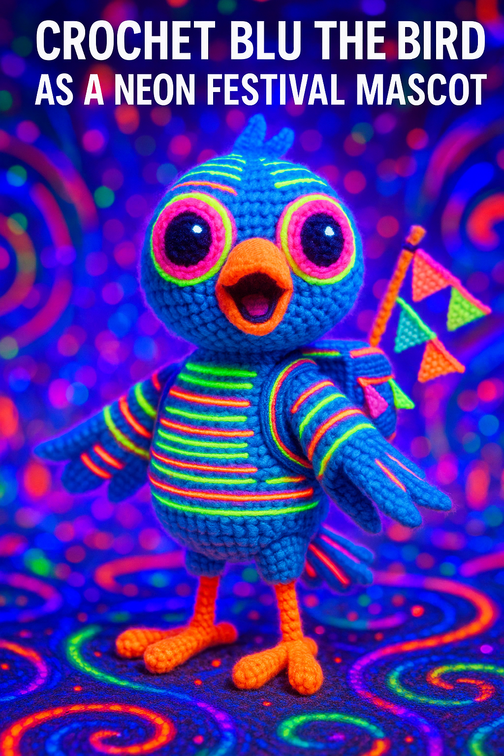 Crochet Blu the Bird as a Neon Festival Mascot