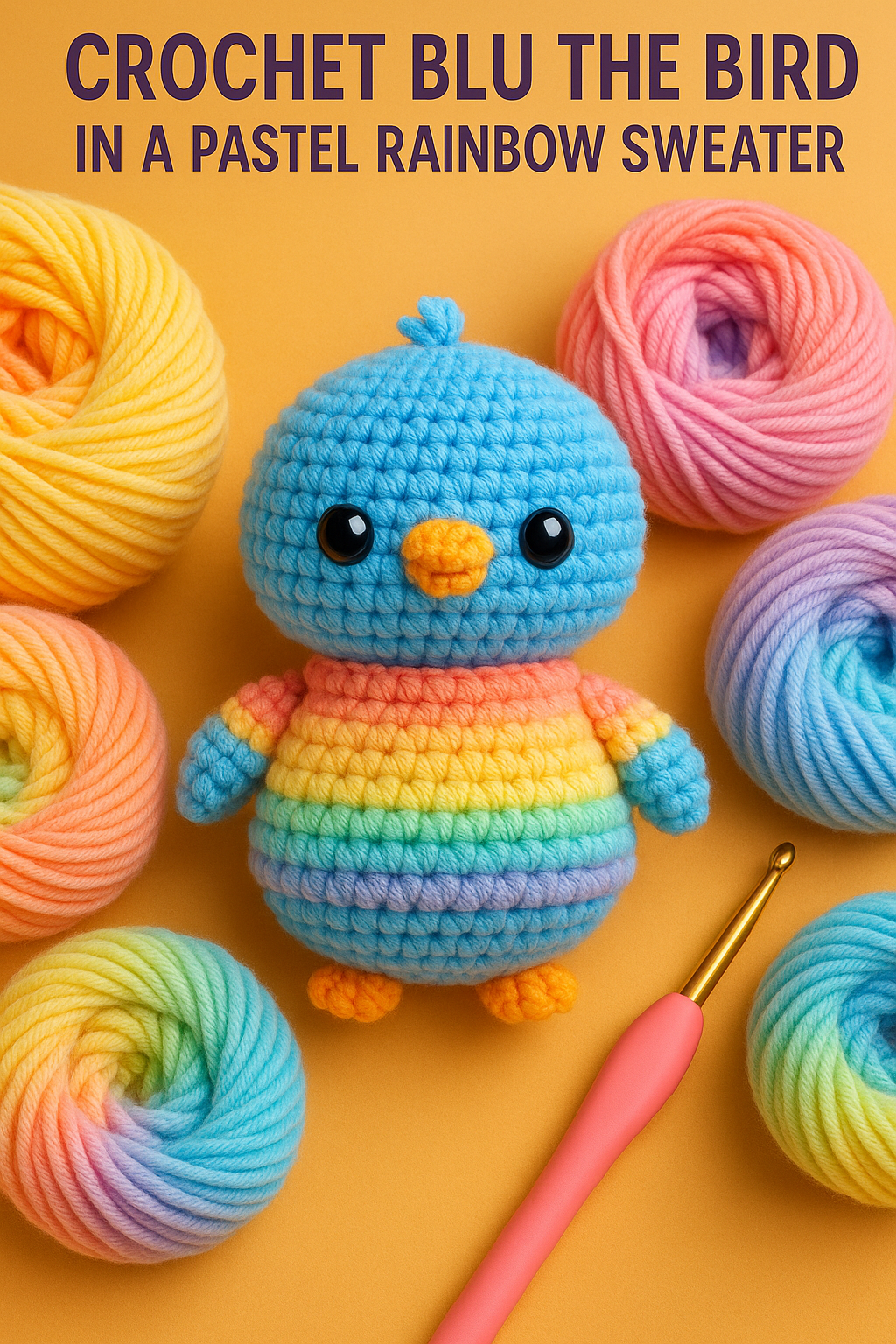 Crochet Blu the Bird in a Pastel Rainbow Sweater