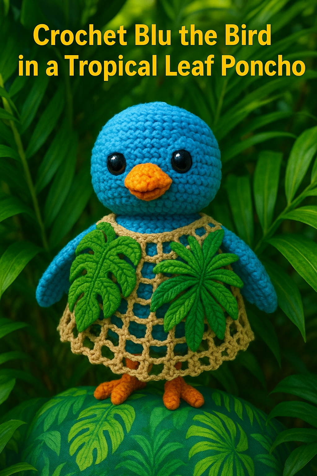 Crochet Blu the Bird in a Tropical Leaf Poncho