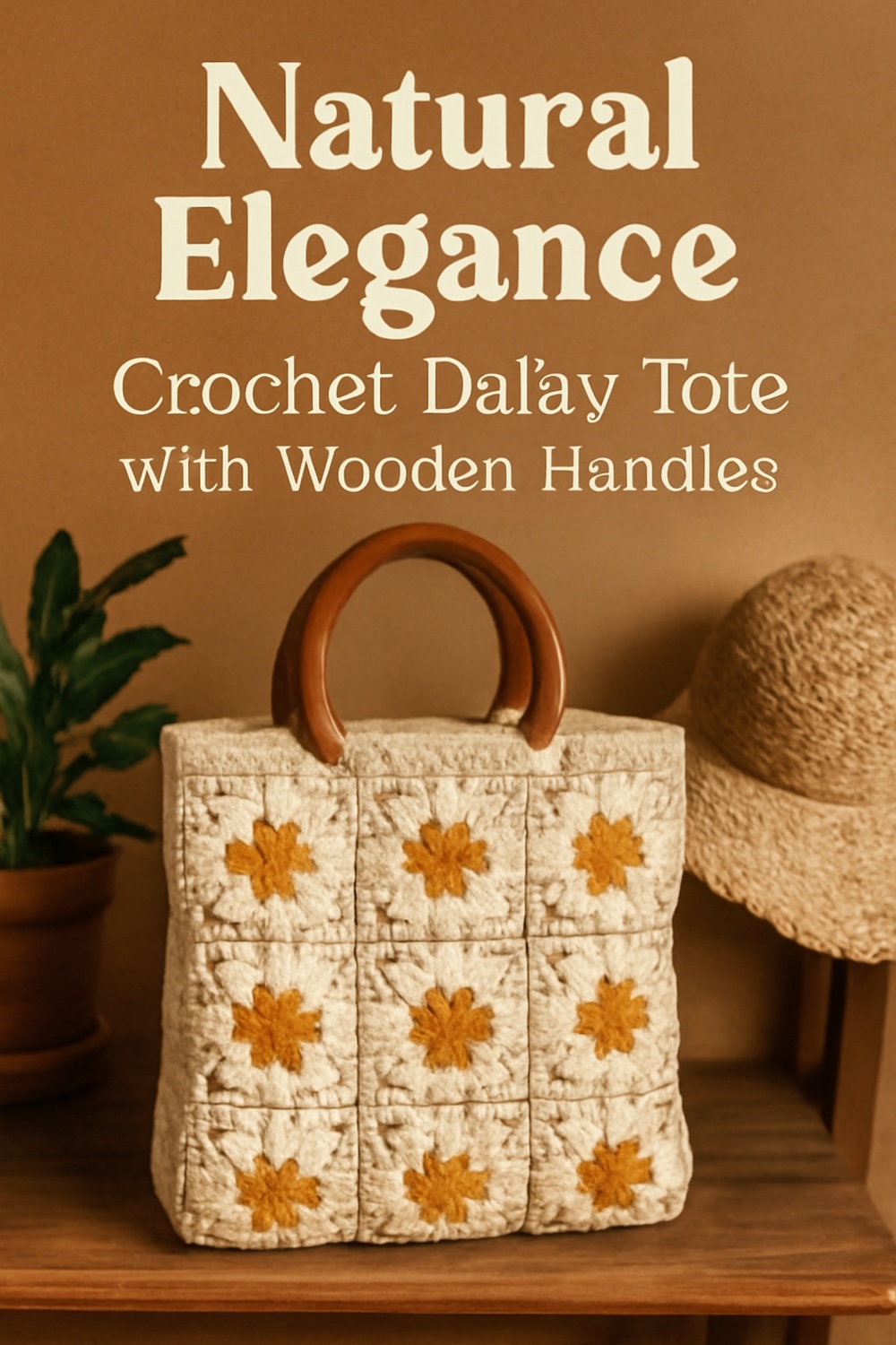 Crochet Daisy Tote with Wooden Handle Accents