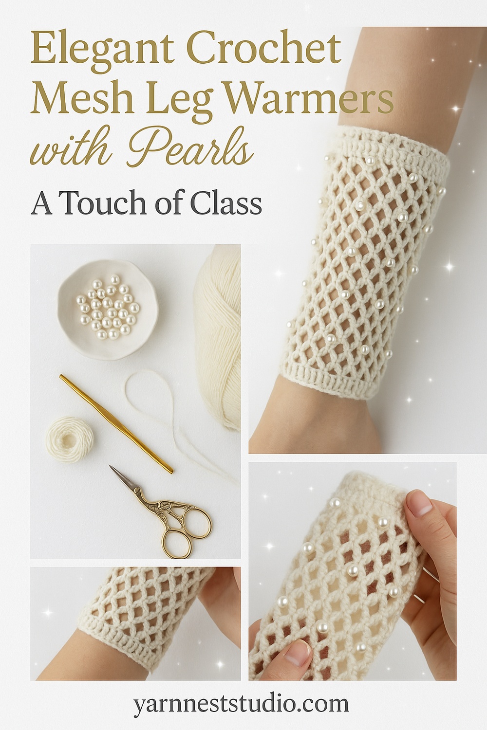 Crochet Mesh Leg Warmers with Pearl Bead Accents