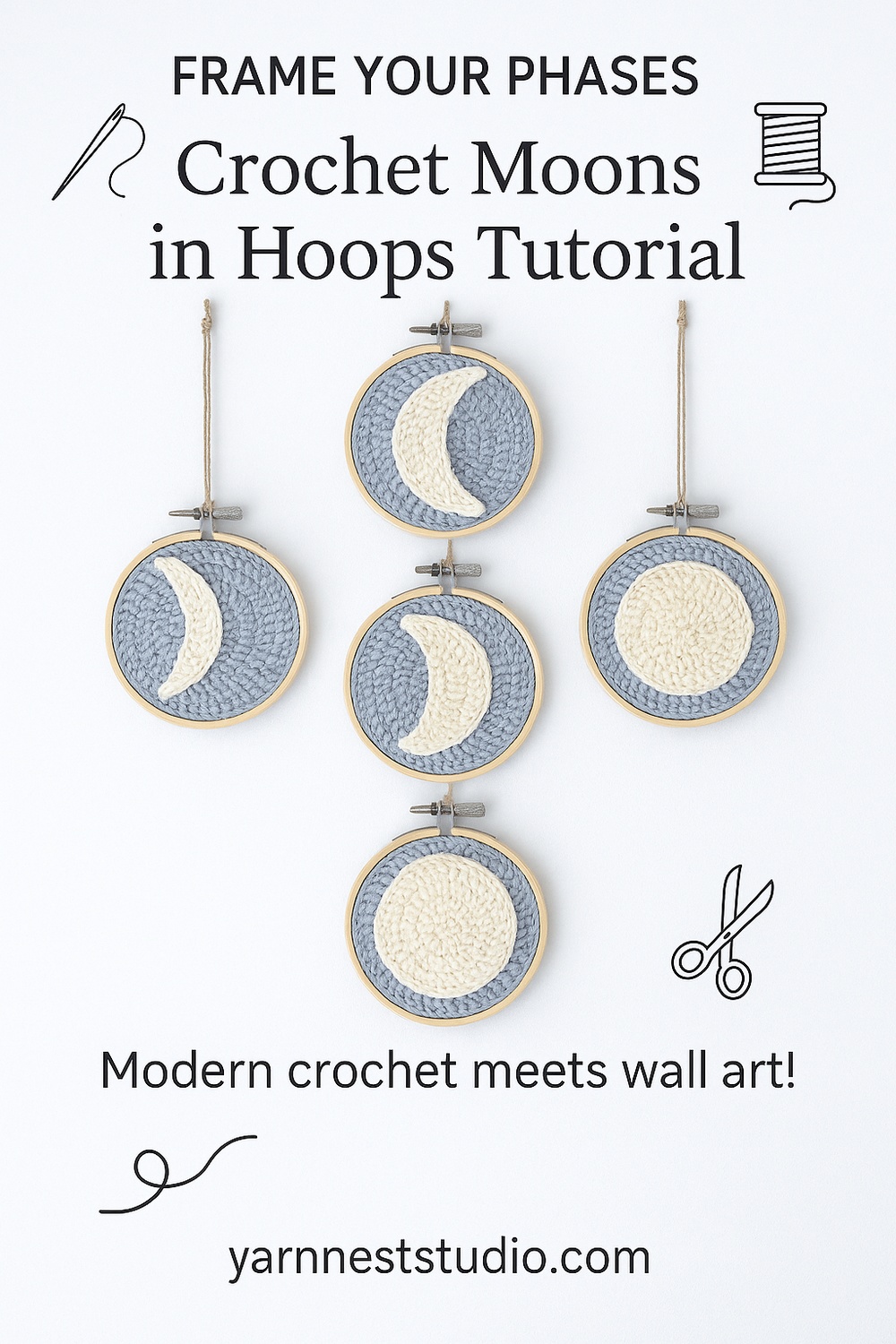 Crochet Moons Suspended in Embroidery Hoops