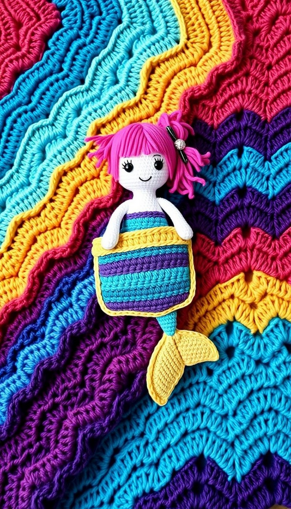 'Crochet Ocean Wave Blanket with Melly Mermaid Pocket