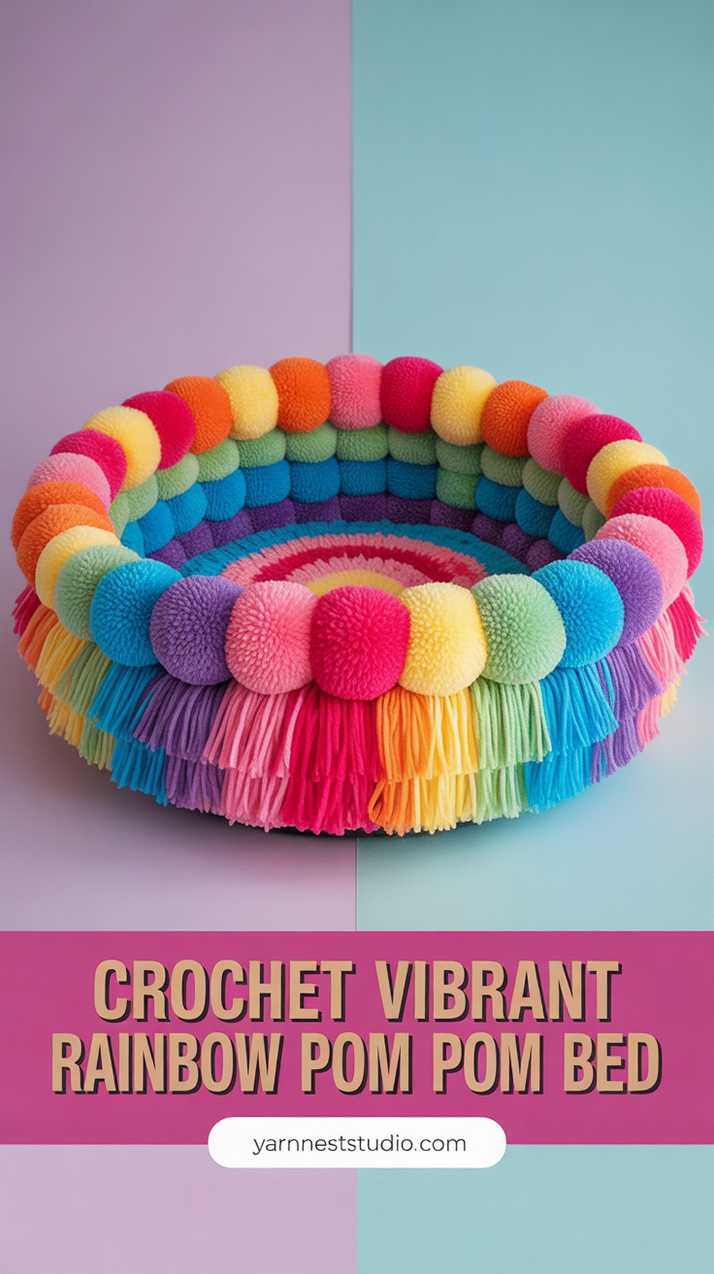 Crochet Vibrant Rainbow Pom Pom Bed