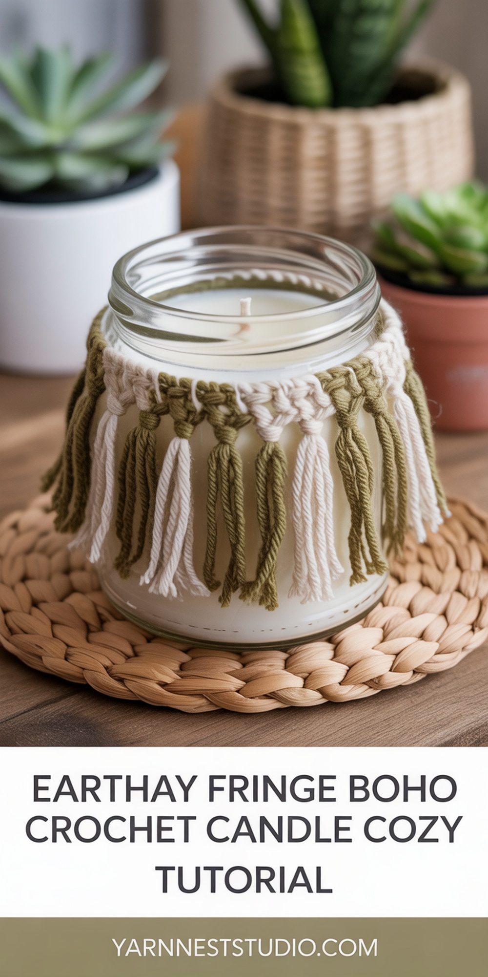 Earthy Fringe Boho Crochet Candle Cozy Tutorial