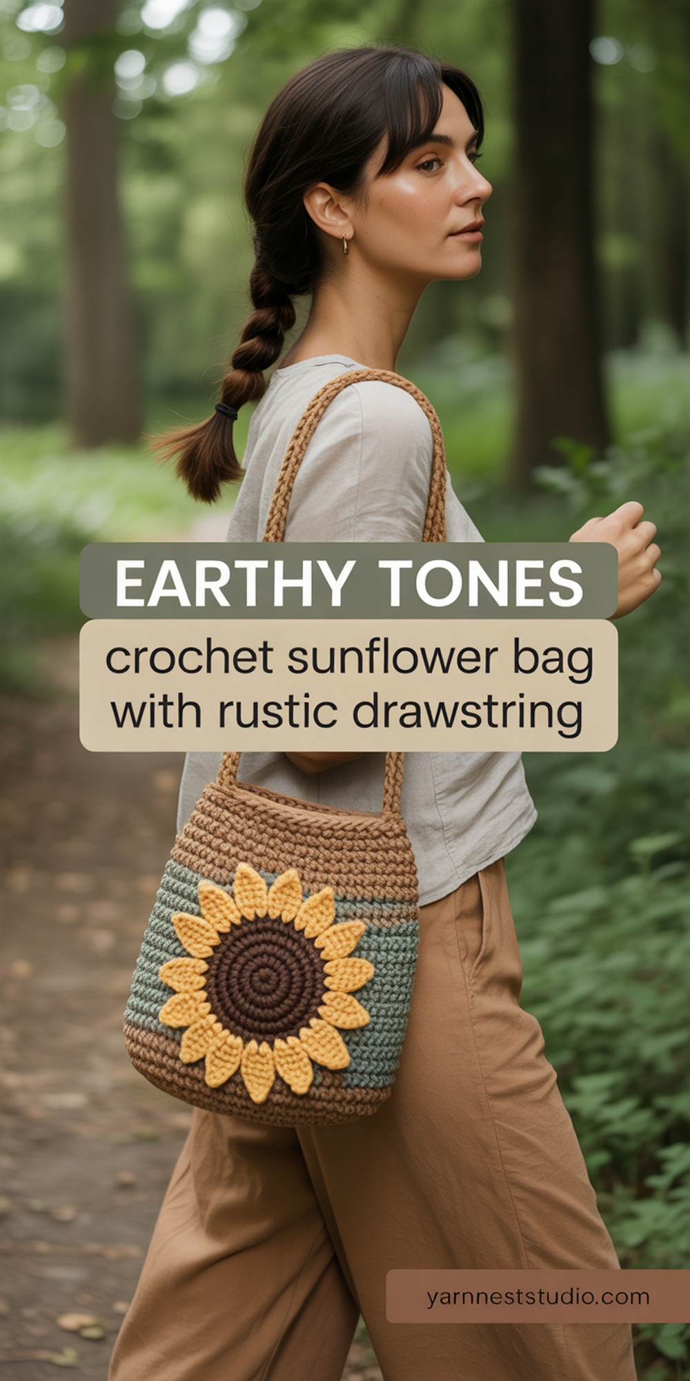 Earthy Tones Crochet Sunflower Bag with Rustic Drawstring