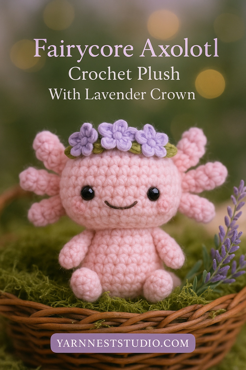 Fairycore Pink Axolotl with Lavender Flower Crown