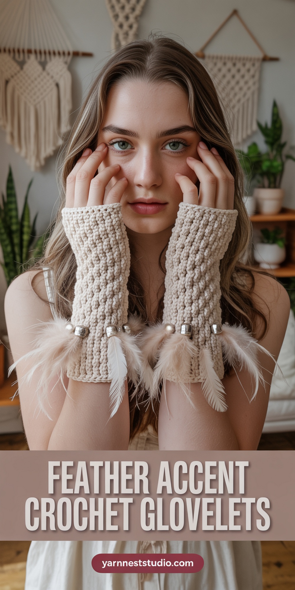 Feather Accent Crochet Glovelets