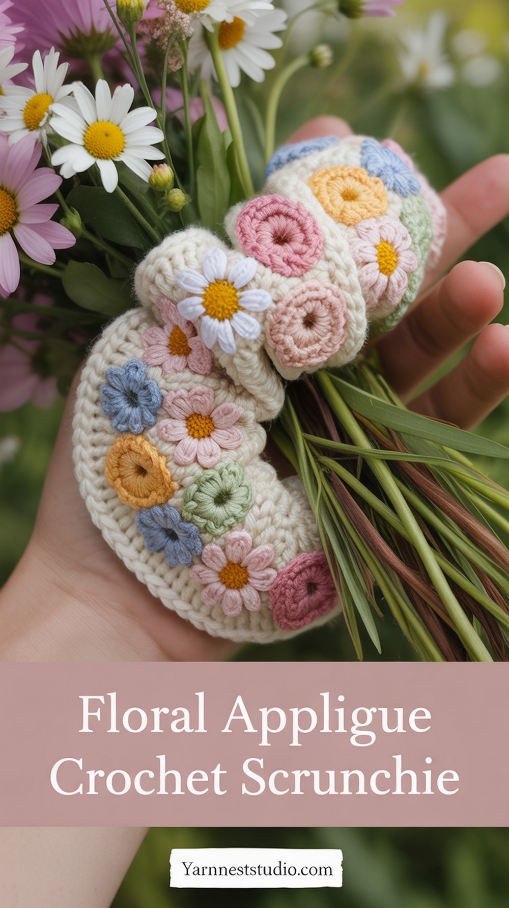 Floral Applique Crochet Scrunchie