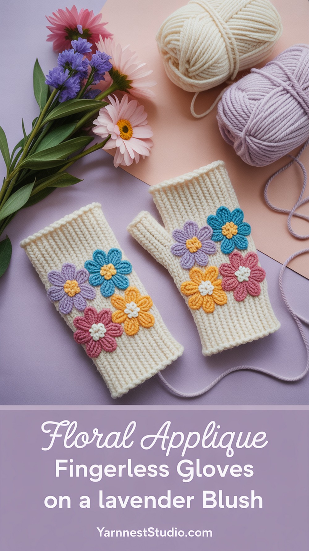 Floral Applique Fingerless Gloves