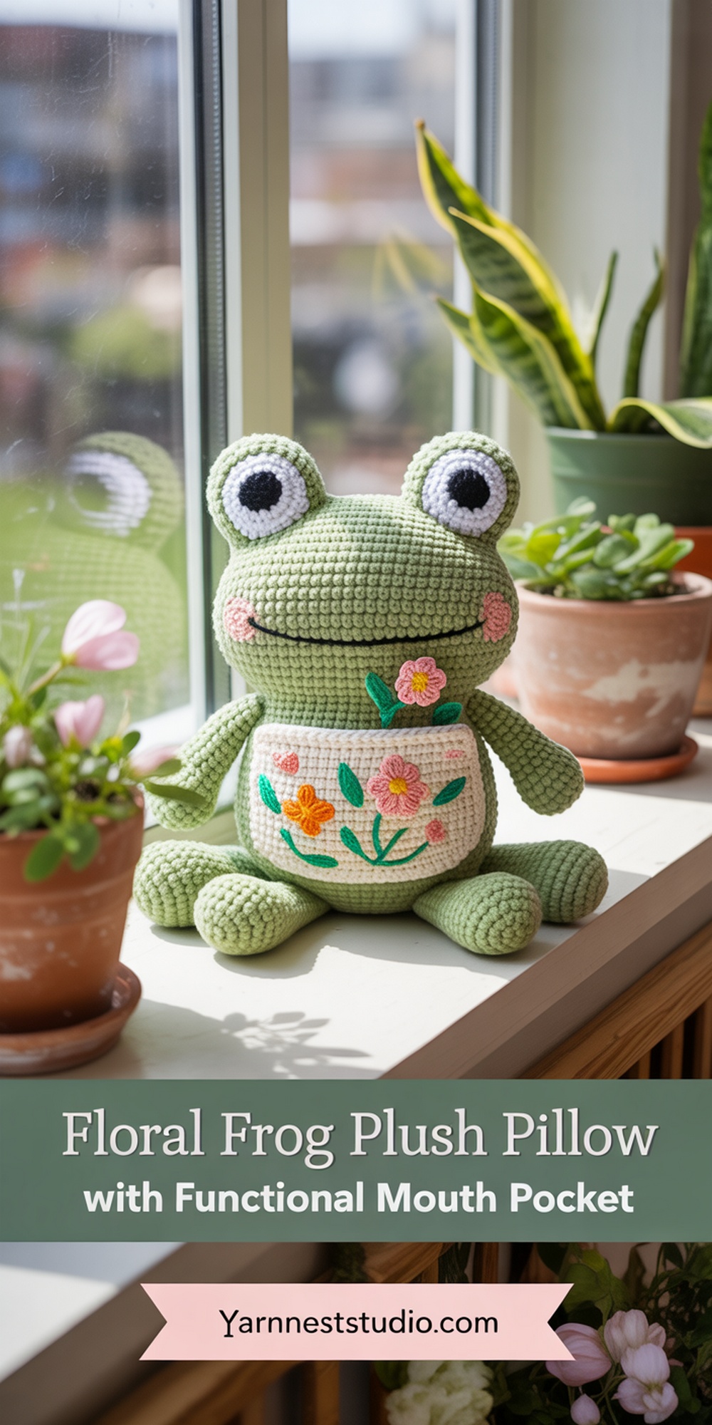 Floral Frog Plush Pillow with Functional Mouth Pocket