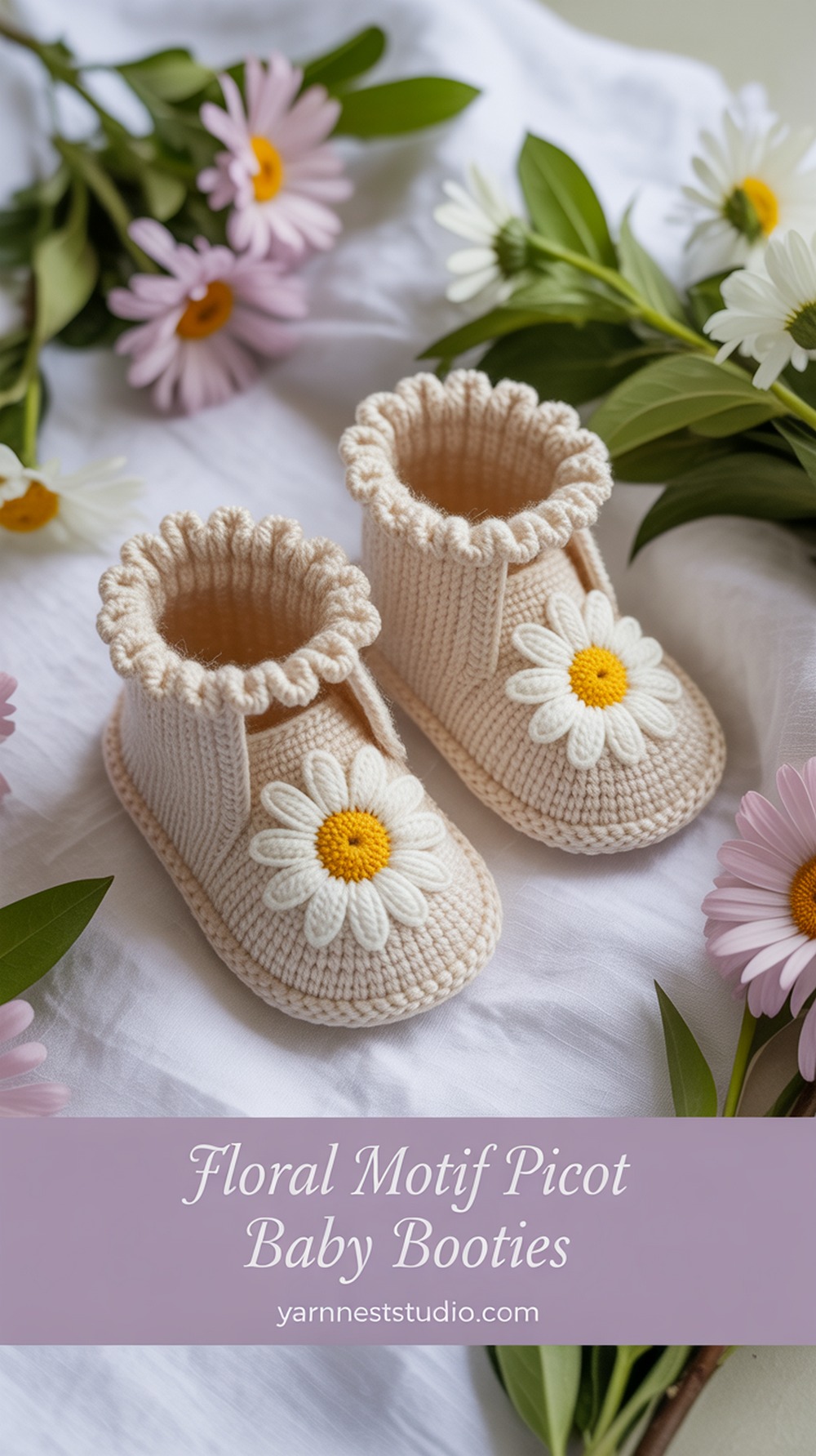 Floral Motif Picot Baby Booties