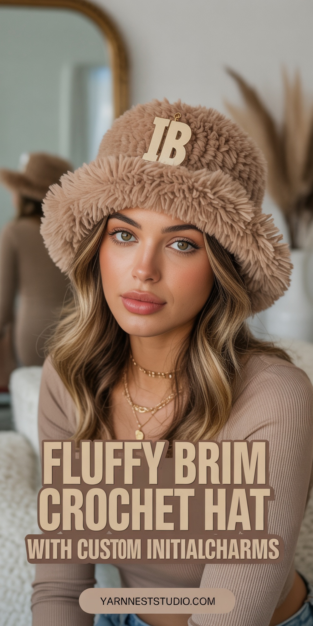 Fluffy Brim Crochet YK Hat with Custom Initial Charms