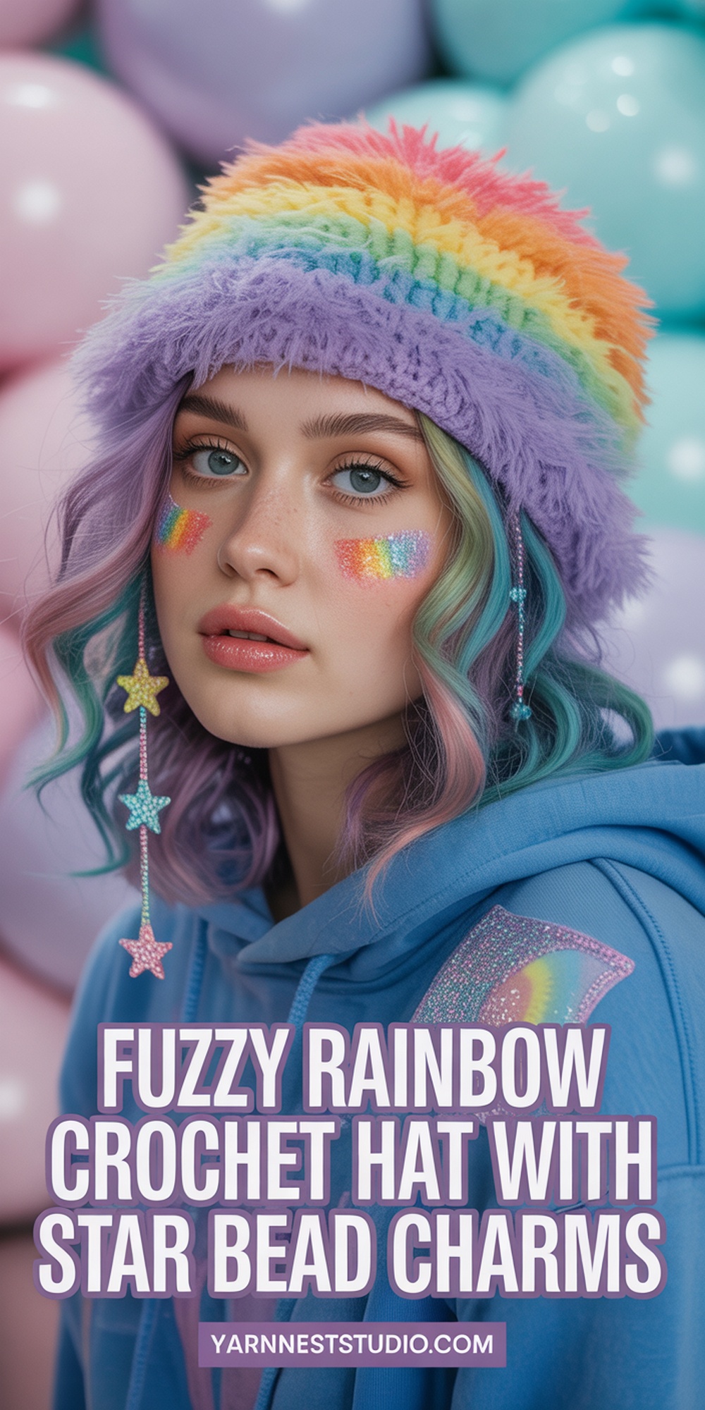 Fuzzy Rainbow Crochet Bucket Hat with Star Bead Charms