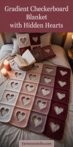 Gradient Checkerboard Crochet Blanket with Faint Heart Shadows