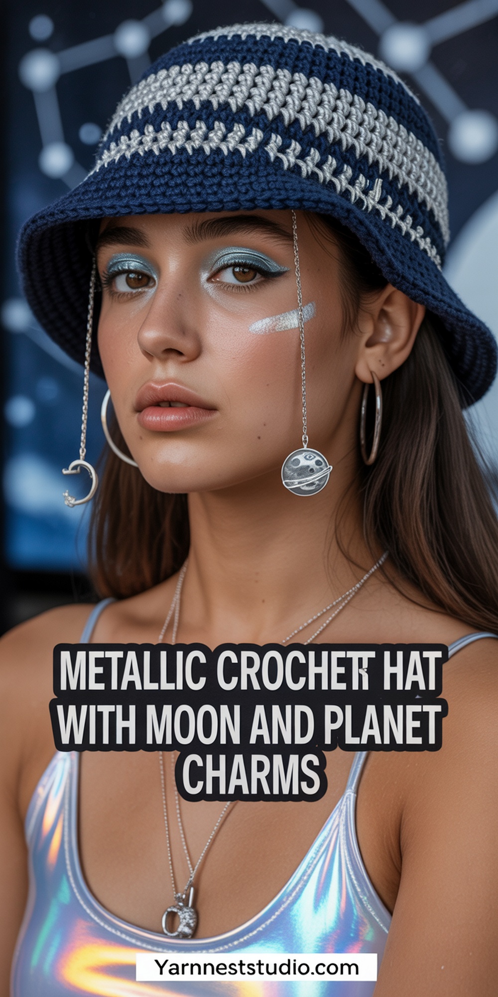 Metallic Thread Crochet YK Hat with Moon and Planet Charms