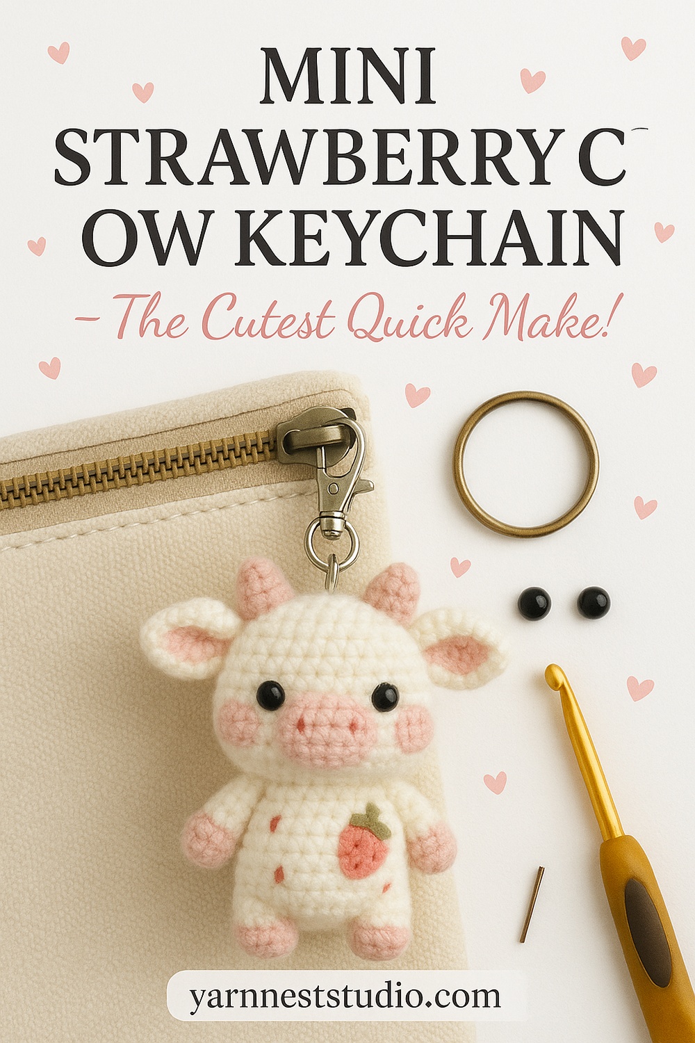 Mini Strawberry Cow Keychain with Blushing Cheeks