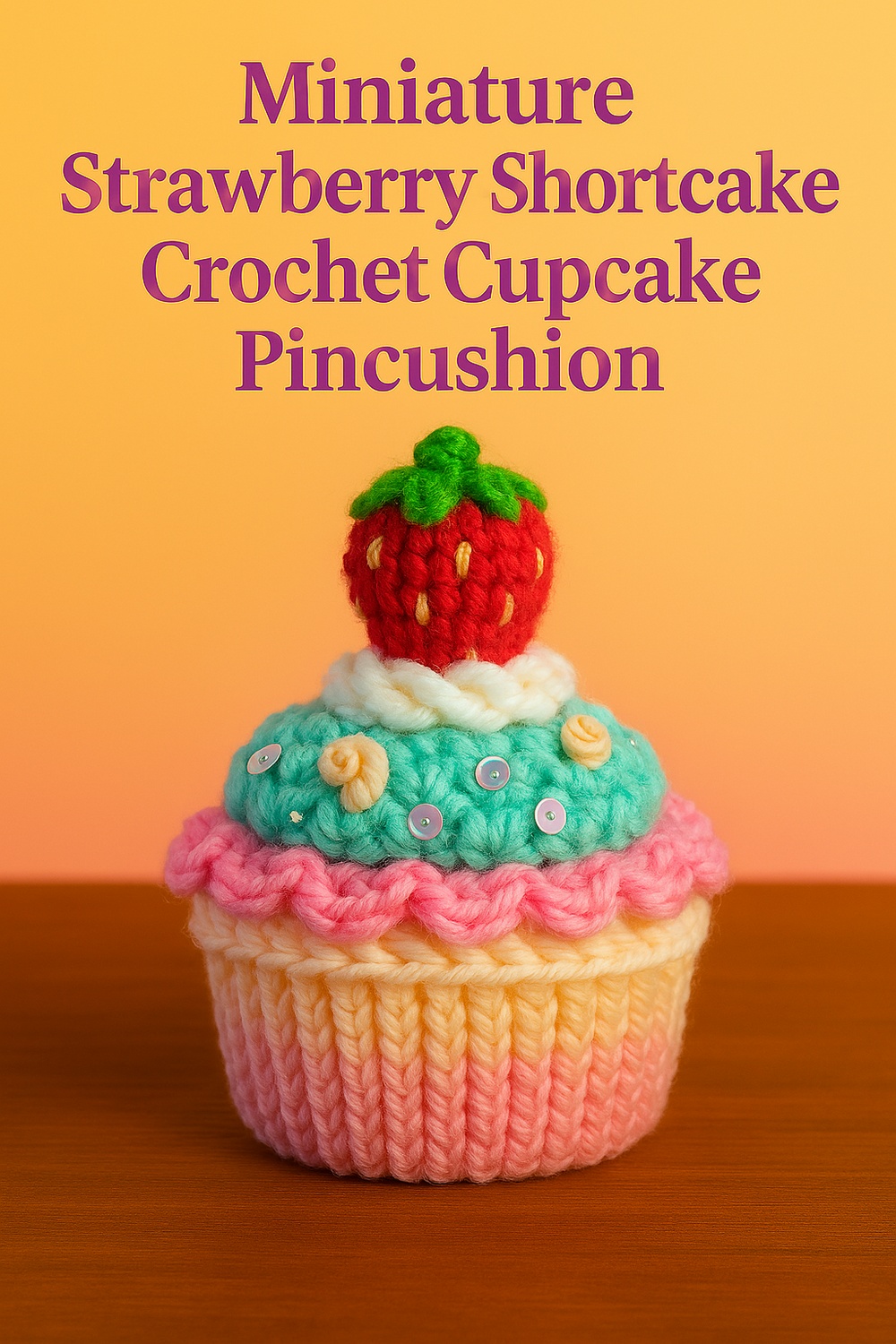 Miniature Strawberry Shortcake Crochet Cupcake Pincushion