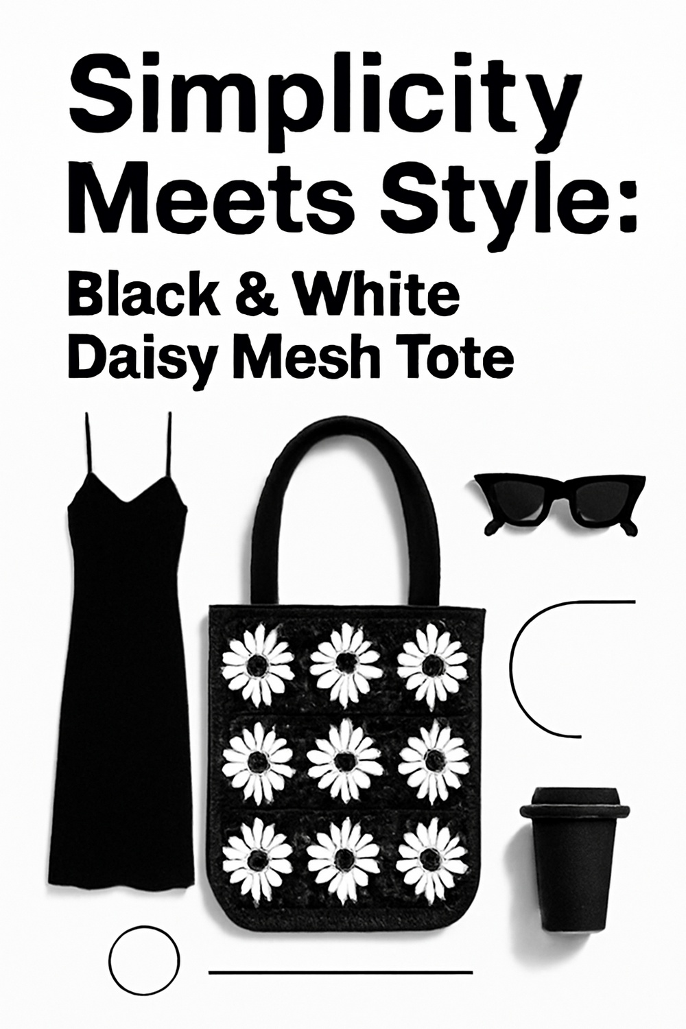 Minimalist Black and White Daisy Mesh Tote Bag