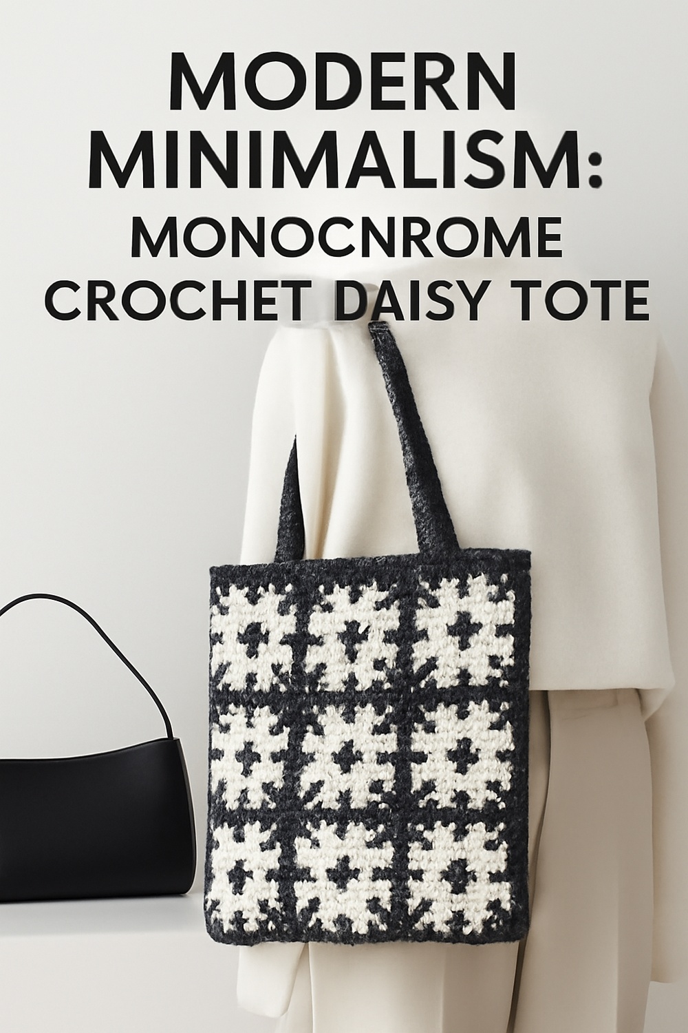 Monochrome Crochet Daisy Mesh Tote with Geometric Shapes