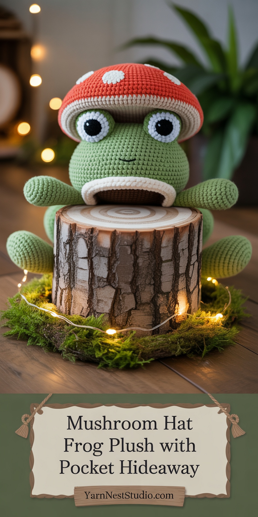 Mushroom Hat Frog Plush with Pocket Hideaway