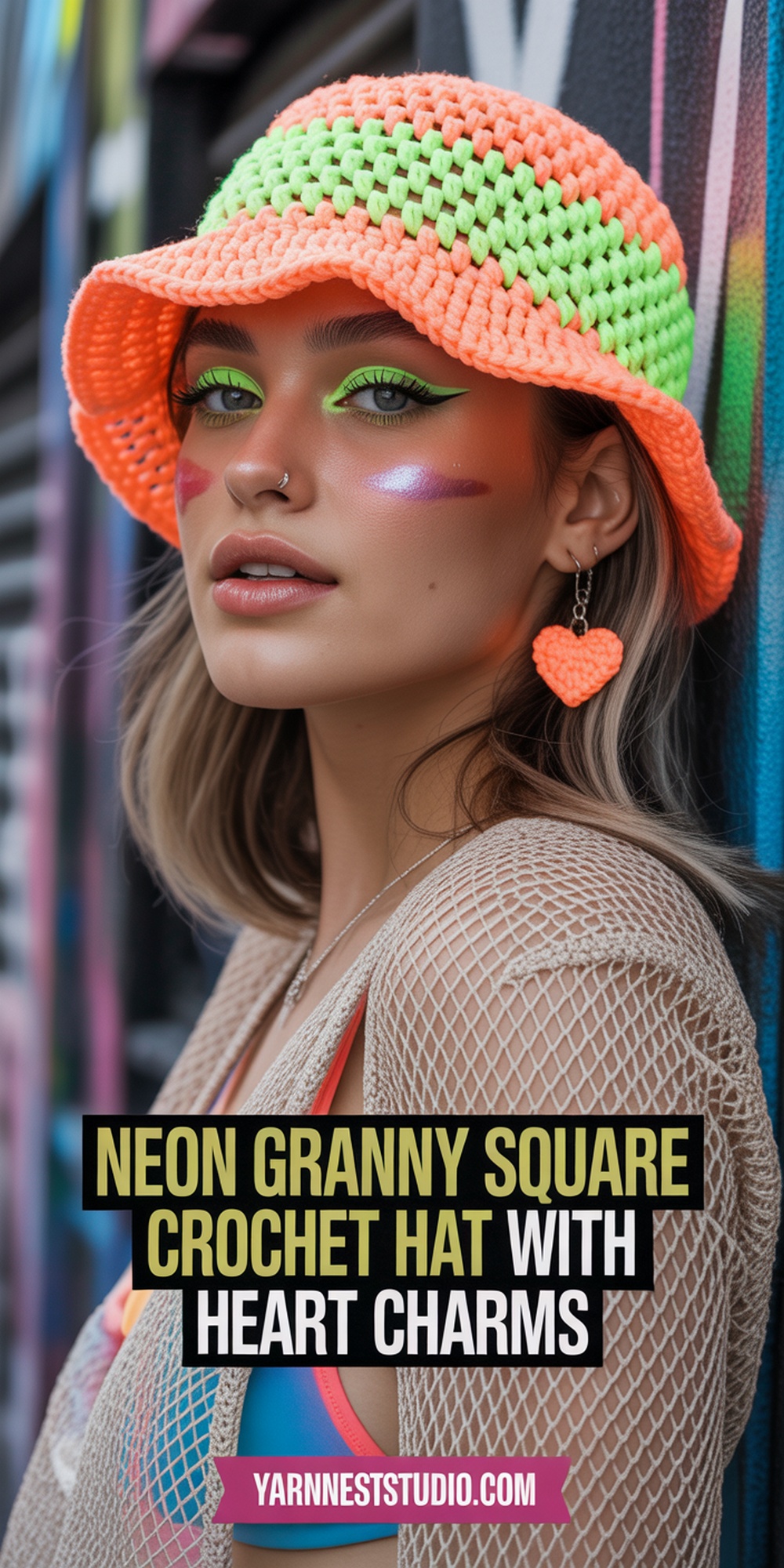 Neon Granny Square Crochet Hat with Dangling Heart Charms