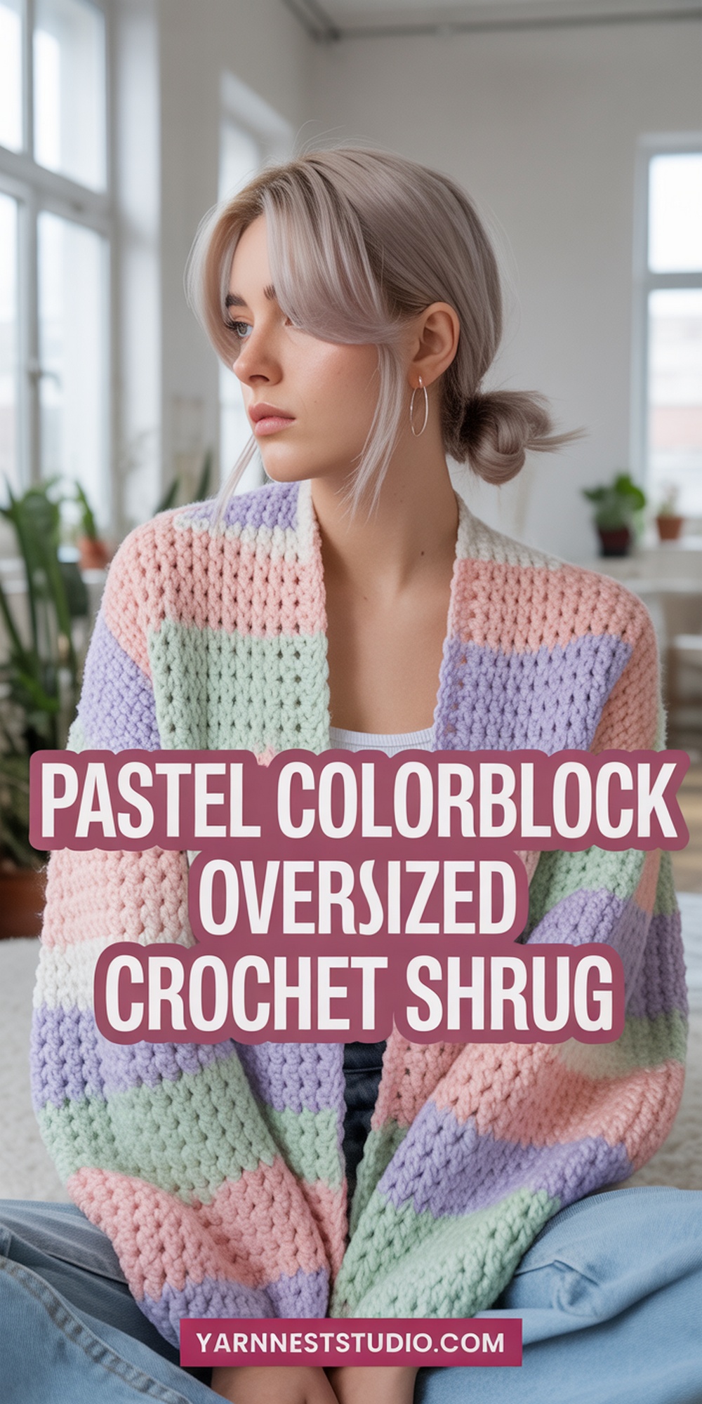 Pastel Colorblock Oversized Crochet Shrug