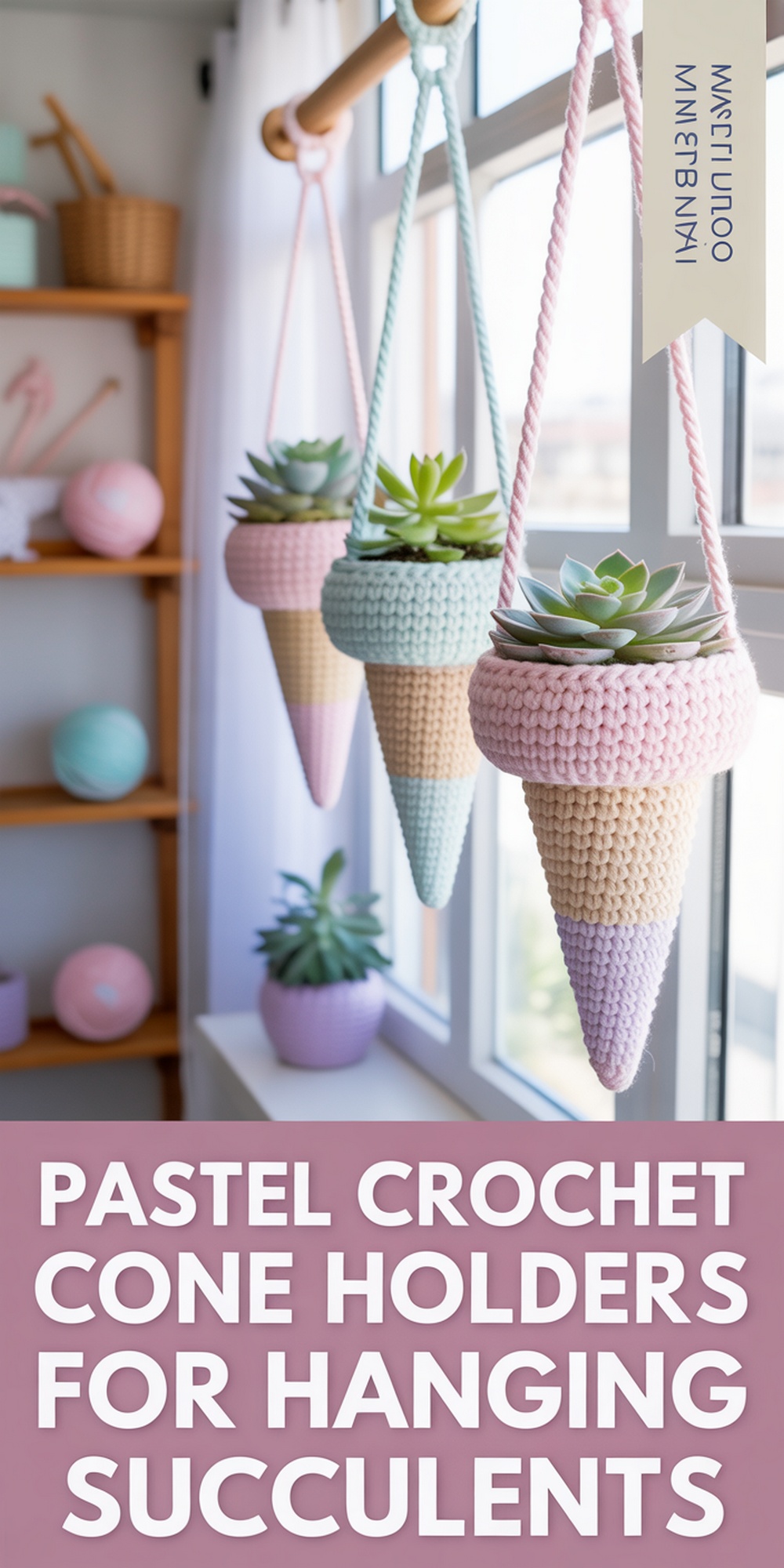 Pastel Crochet Cone Holders for Hanging Succulents
