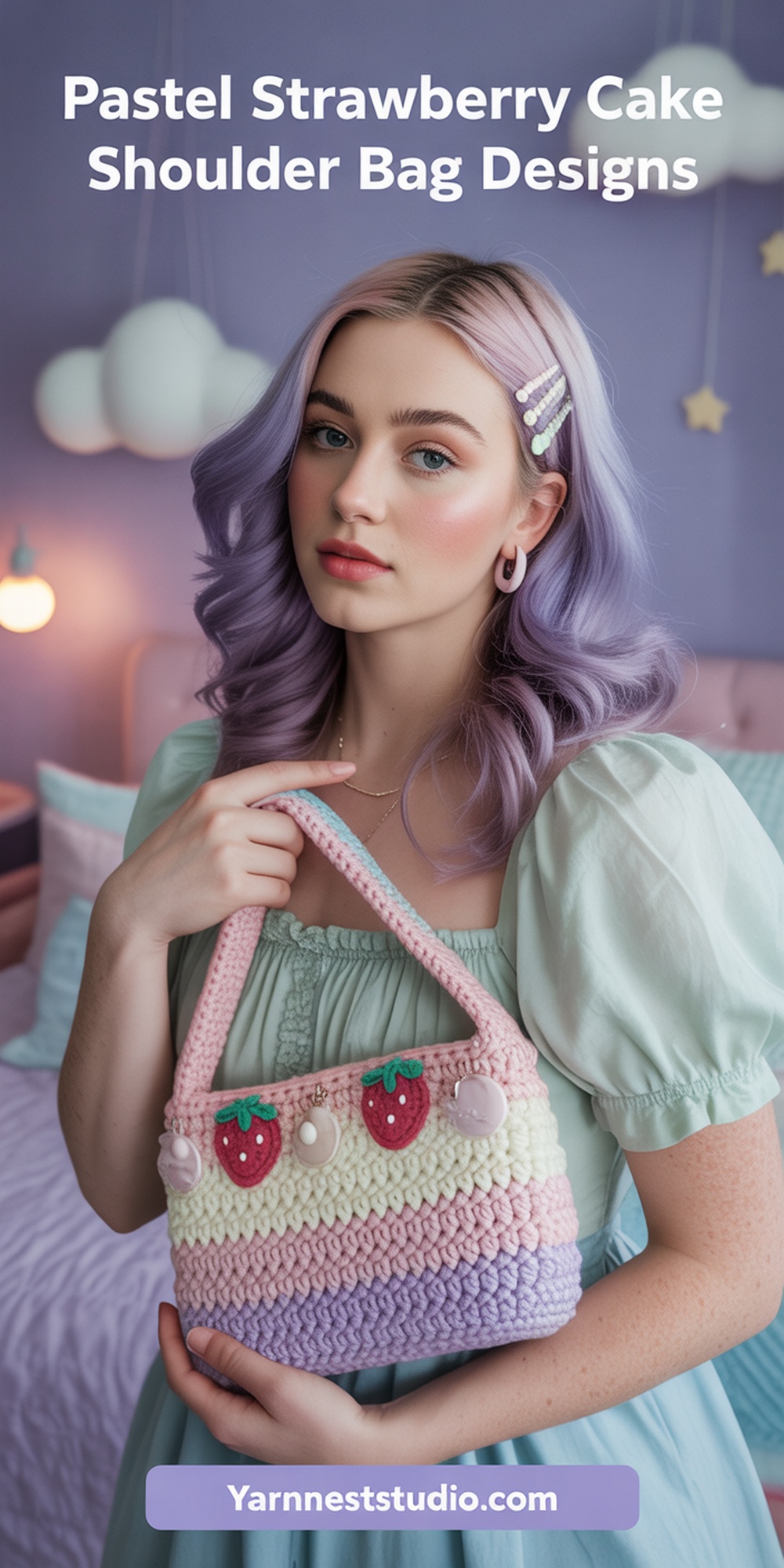 Pastel Layer Strawberry Cake Shoulder Bag with Charm
