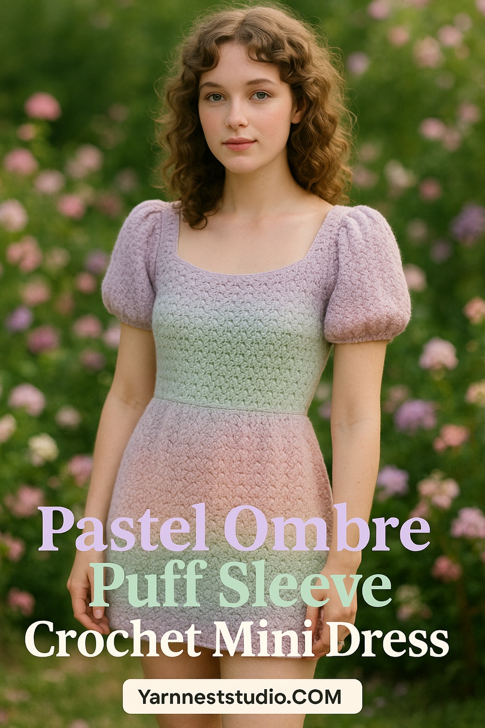 Pastel Ombre Puff Sleeve Crochet Mini Dress