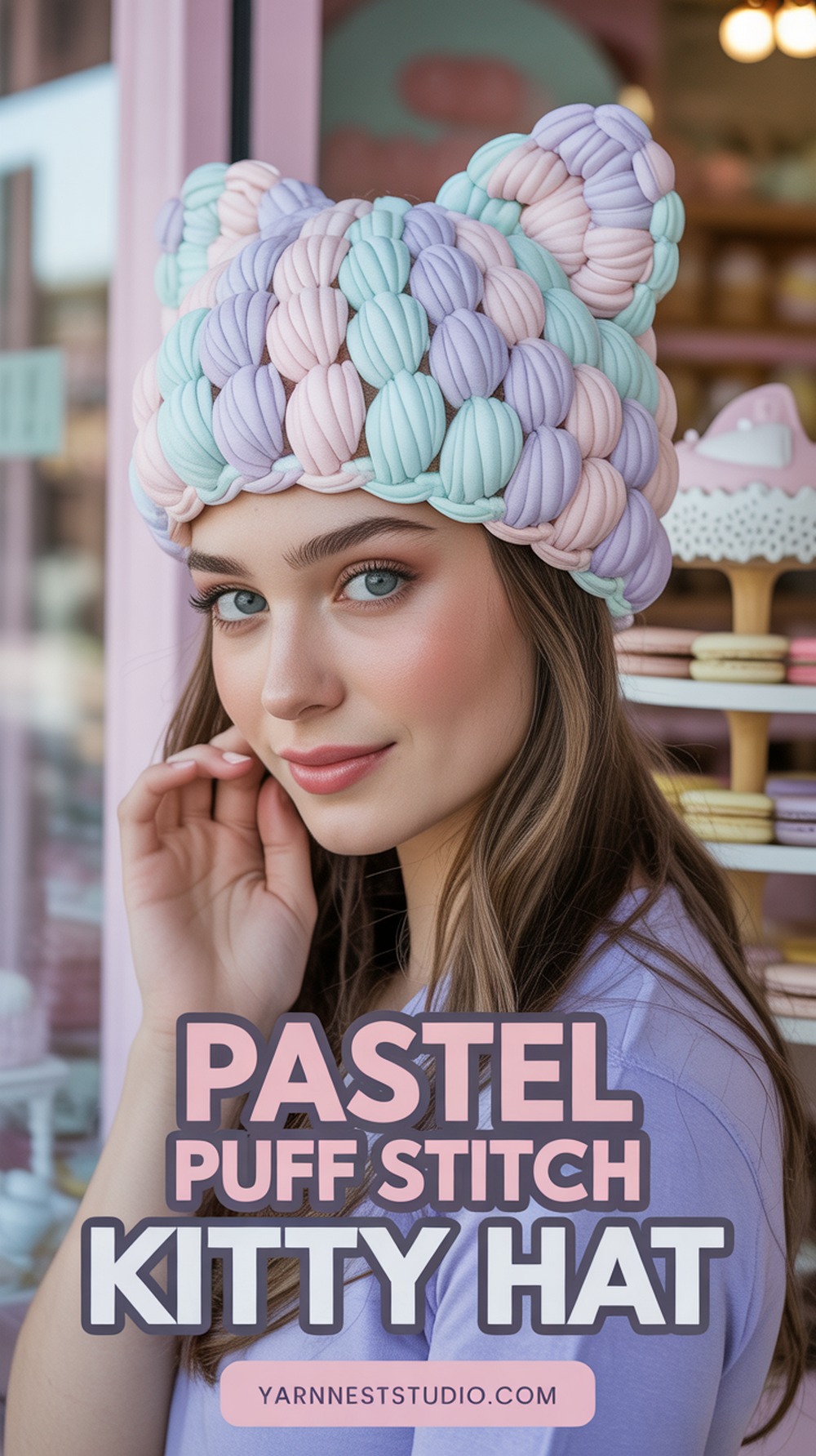 Pastel Puff Stitch Kitty Hat