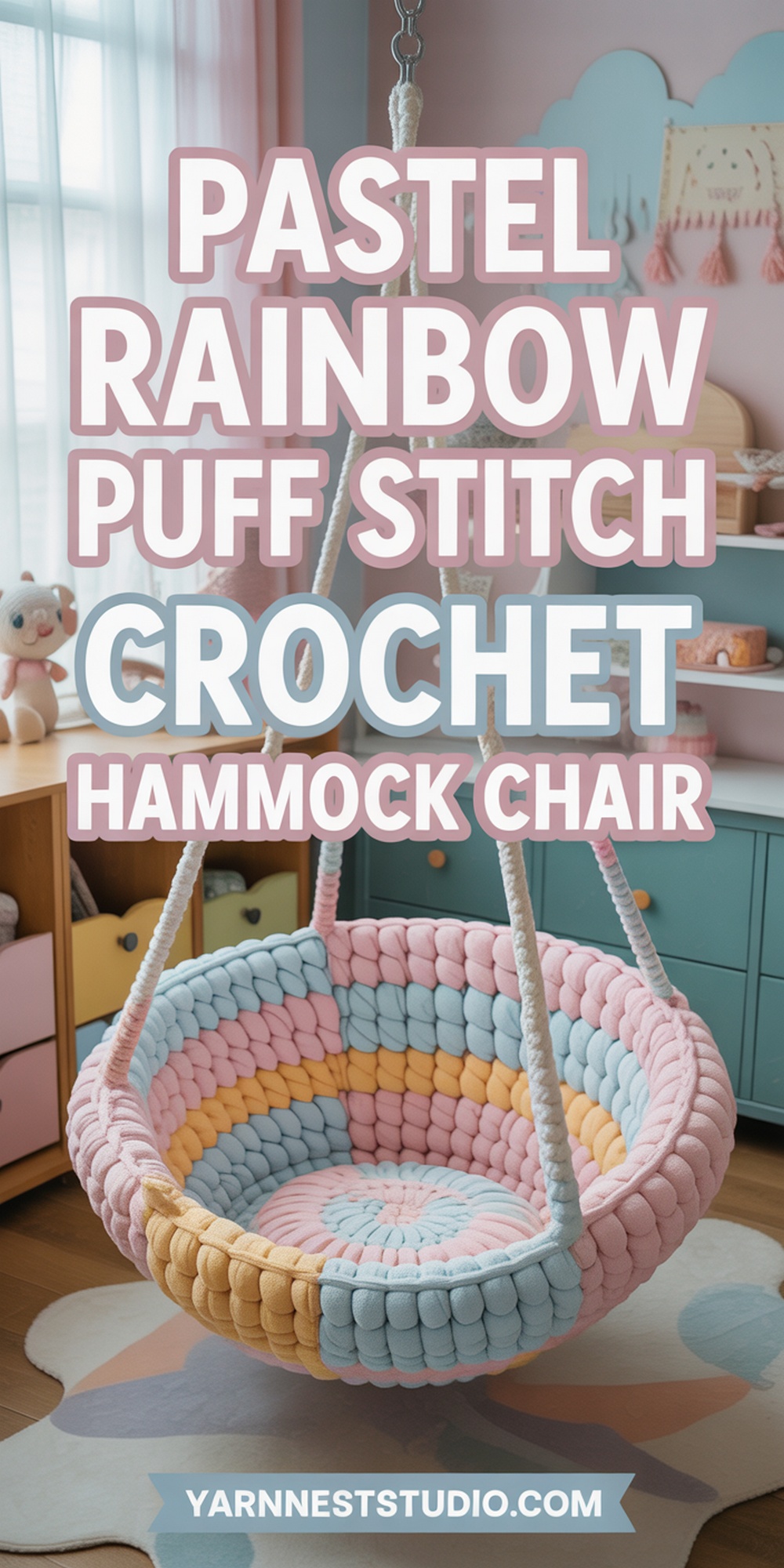 Pastel Rainbow Puff Stitch Crochet Hammock Chair