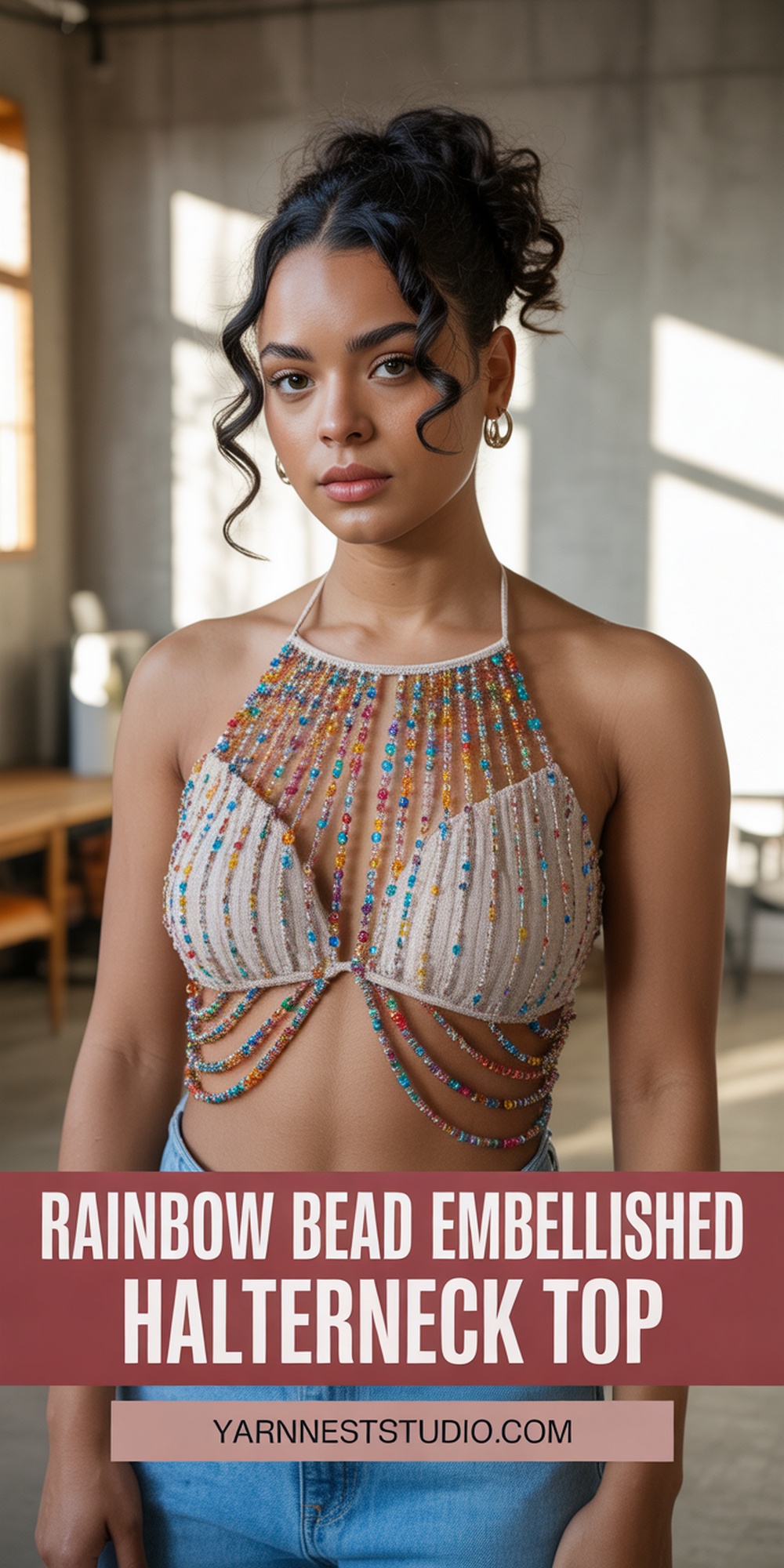 Rainbow Bead Embellished Halterneck Top