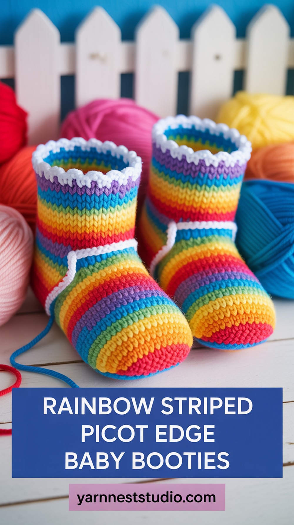 Rainbow Striped Picot Edge Baby Booties