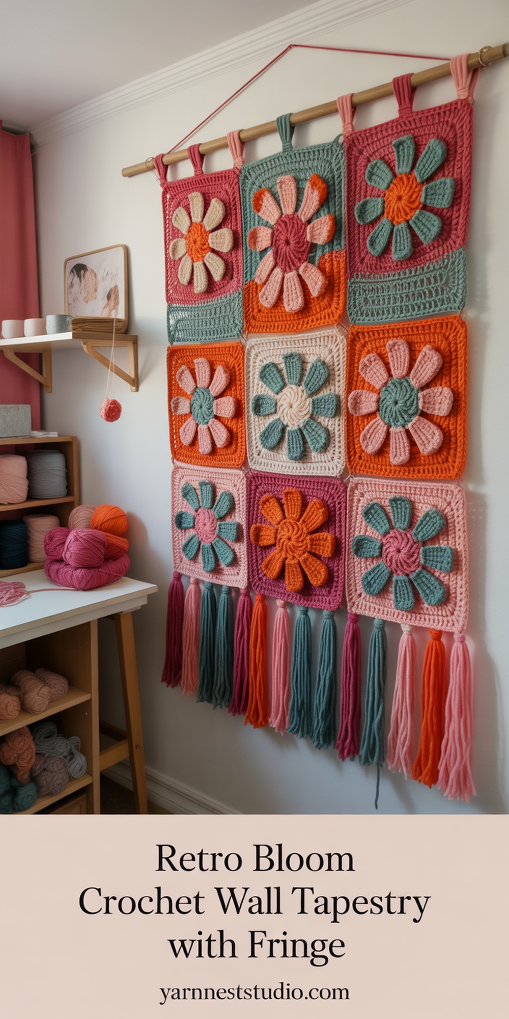 Retro Bloom Crochet Wall Tapestry with Fringe