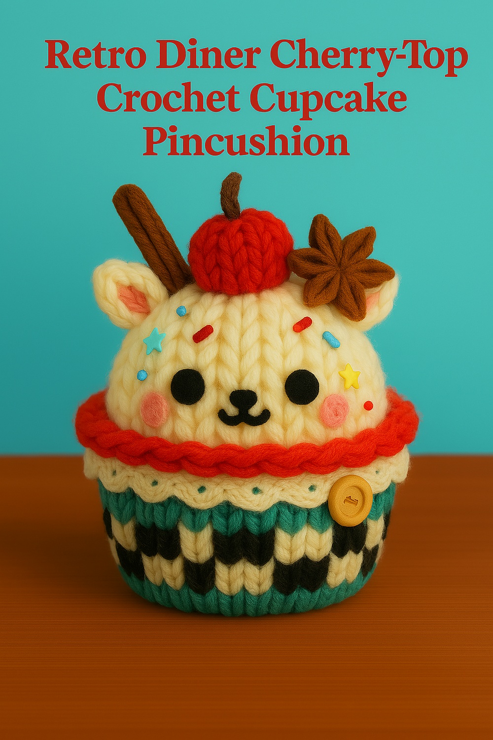 Retro Diner Cherry Top Crochet Cupcake Pincushion