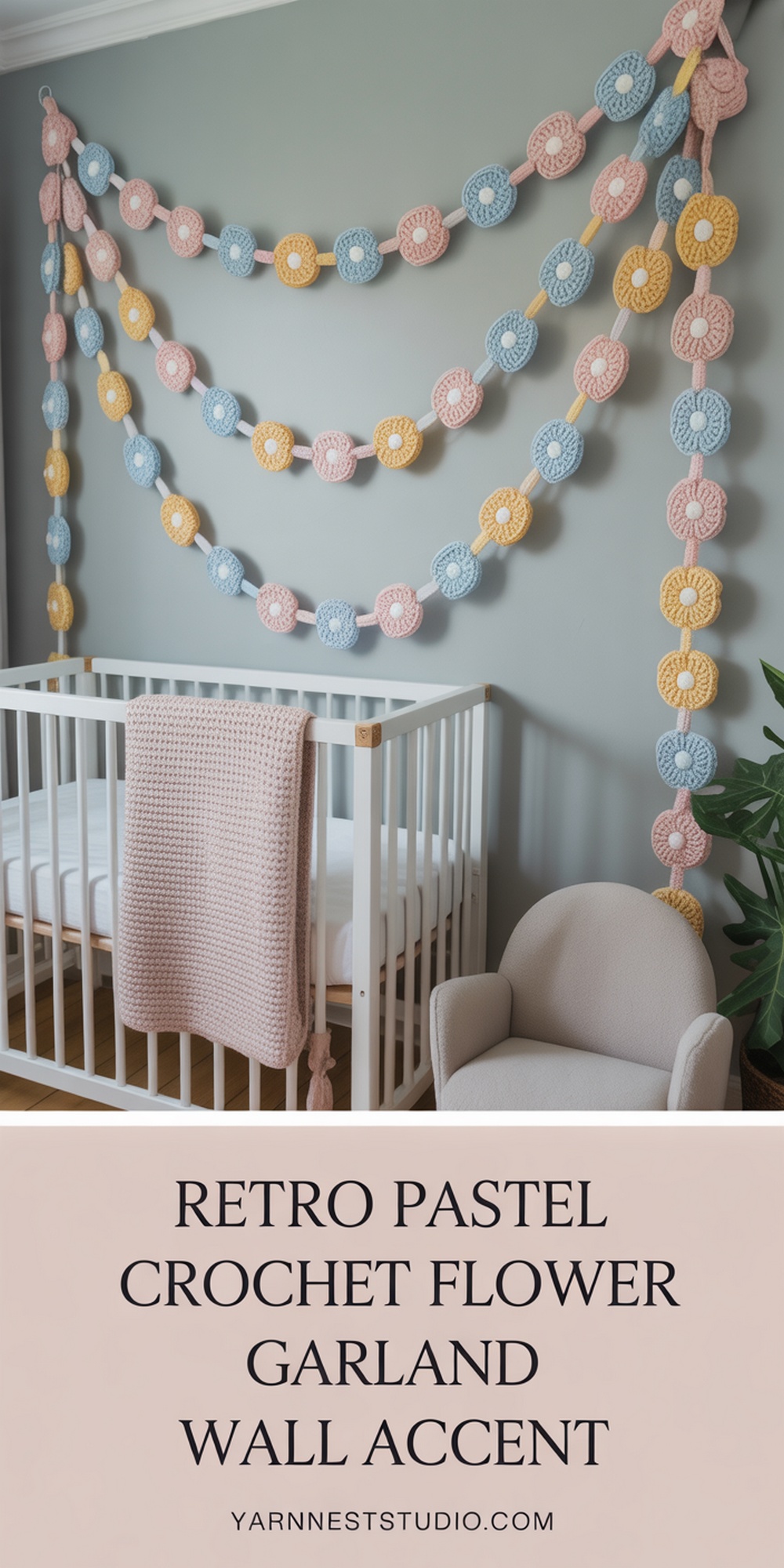 Retro Pastel Crochet Flower Garland Wall Accent