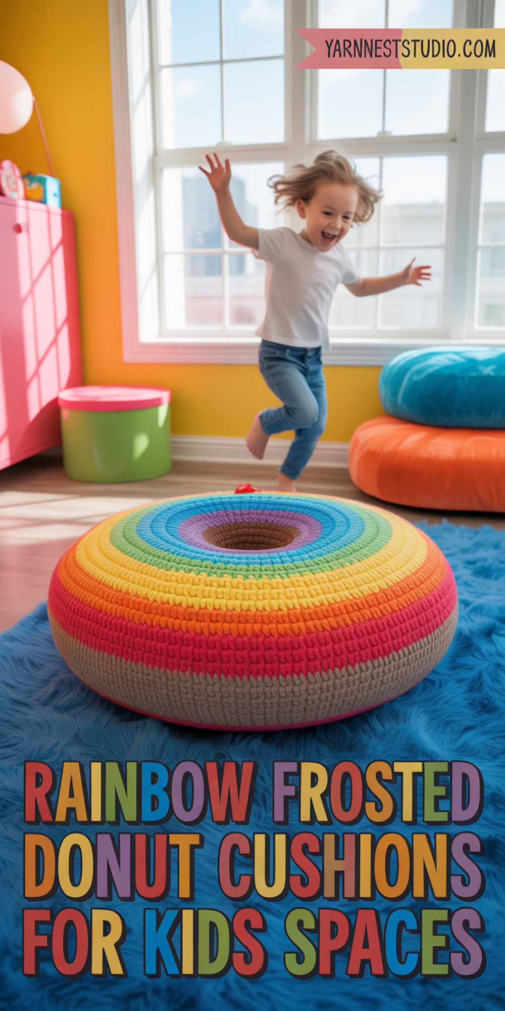 Retro Rainbow Frosted Donut Cushion for Kids Rooms
