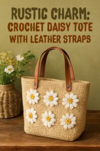 Rustic Crochet Daisy Tote with Leather Straps