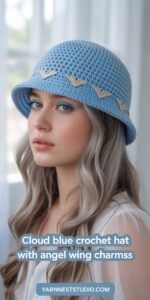 Soft Cloud Blue Crochet Hat with Angel Wing Charms