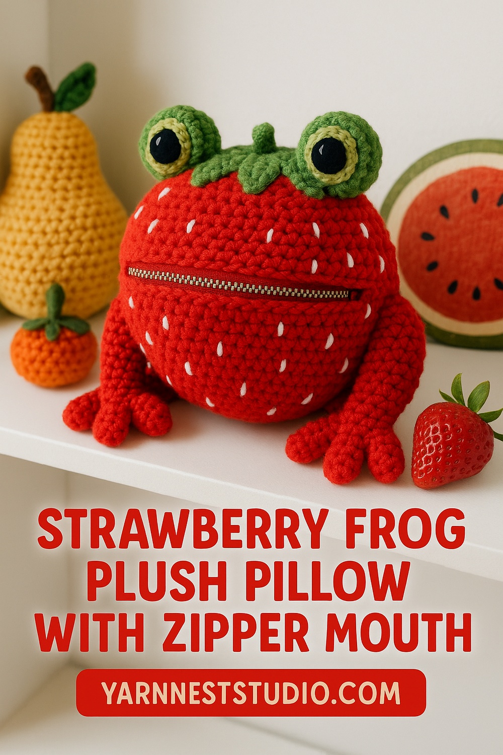Strawberry Frog Plush Pillow with Zipper Mouth