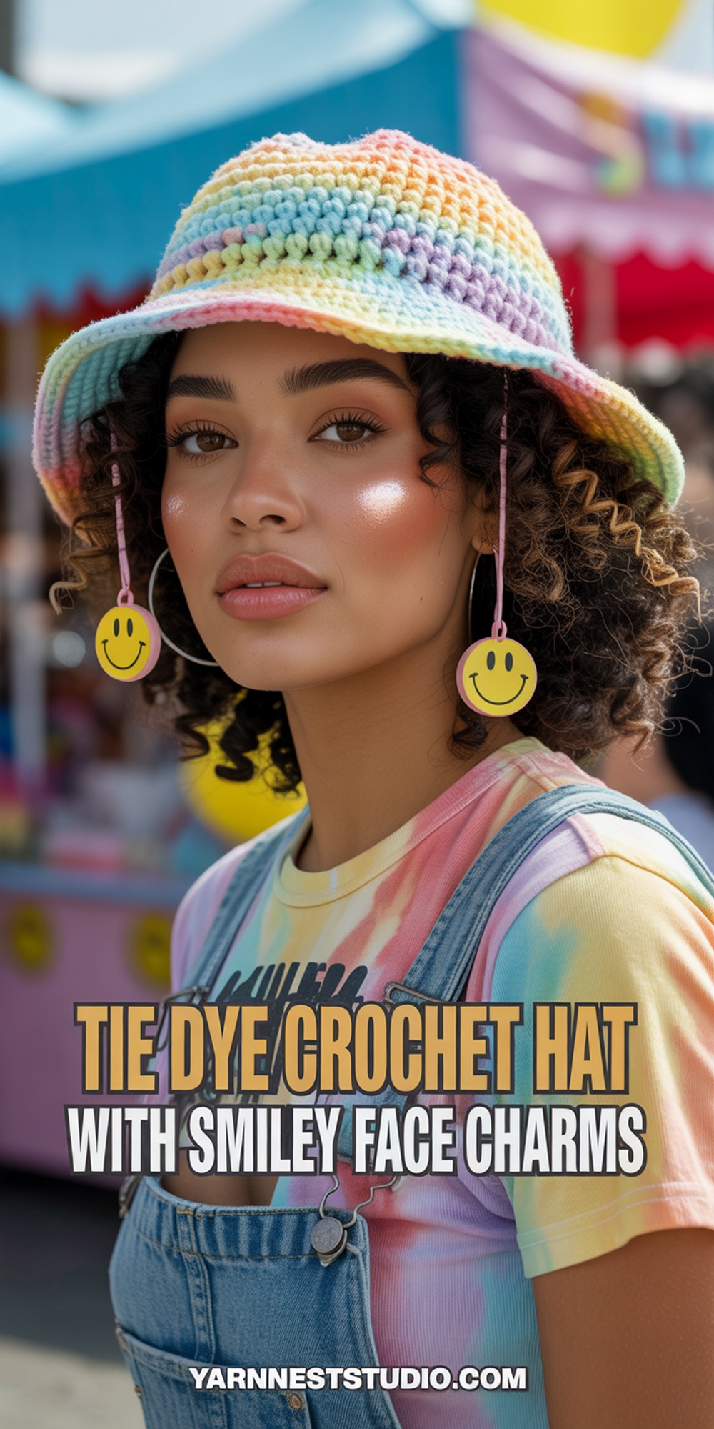 Tie Dye Effect Crochet Bucket Hat with Smile Face Charms