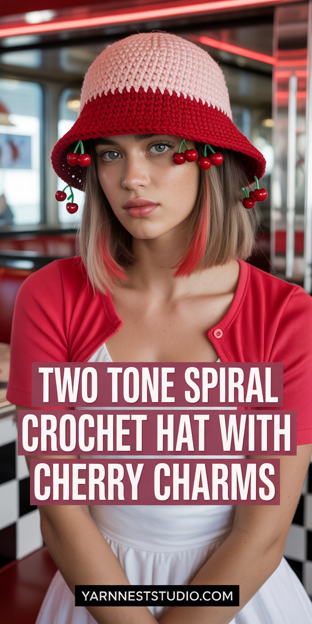 Two Tone Spiral Crochet Hat with Cherry Charms
